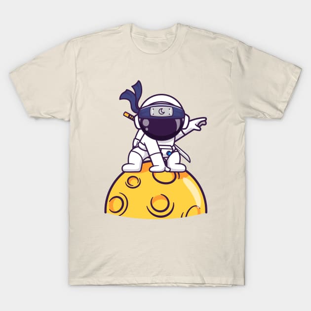 Cute Astronaut Ninja Landing On Moon Cartoon T-Shirt by Catalyst Labs